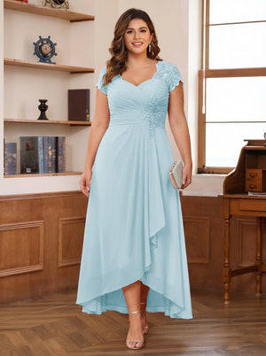 A-Line/Princess Sweetheart Short Sleeves Asymmetrical Plus Size Mother of the Bride Dresses with Appliques & Ruffles
