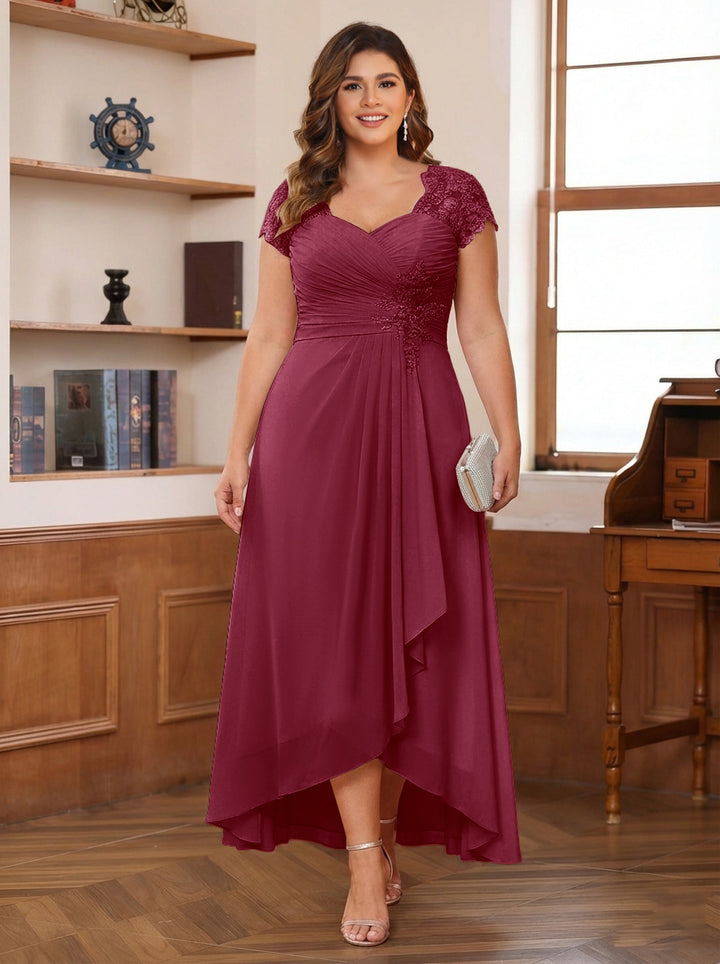 A-Line/Princess Sweetheart Short Sleeves Asymmetrical Plus Size Mother of the Bride Dresses with Appliques &amp; Ruffles
