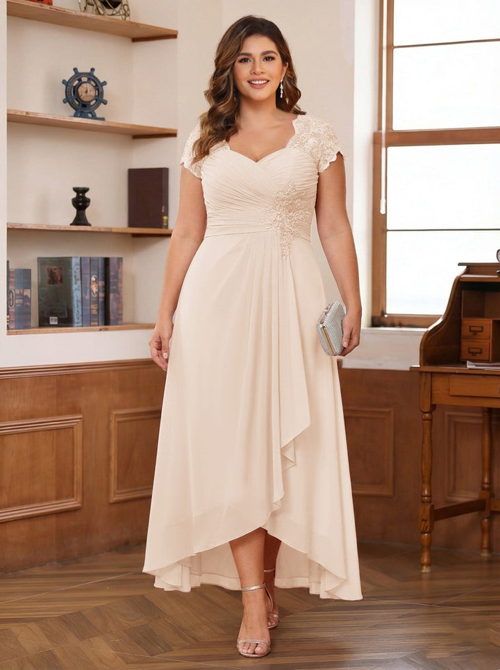 A-Line/Princess Sweetheart Short Sleeves Asymmetrical Plus Size Mother of the Bride Dresses with Appliques &amp; Ruffles