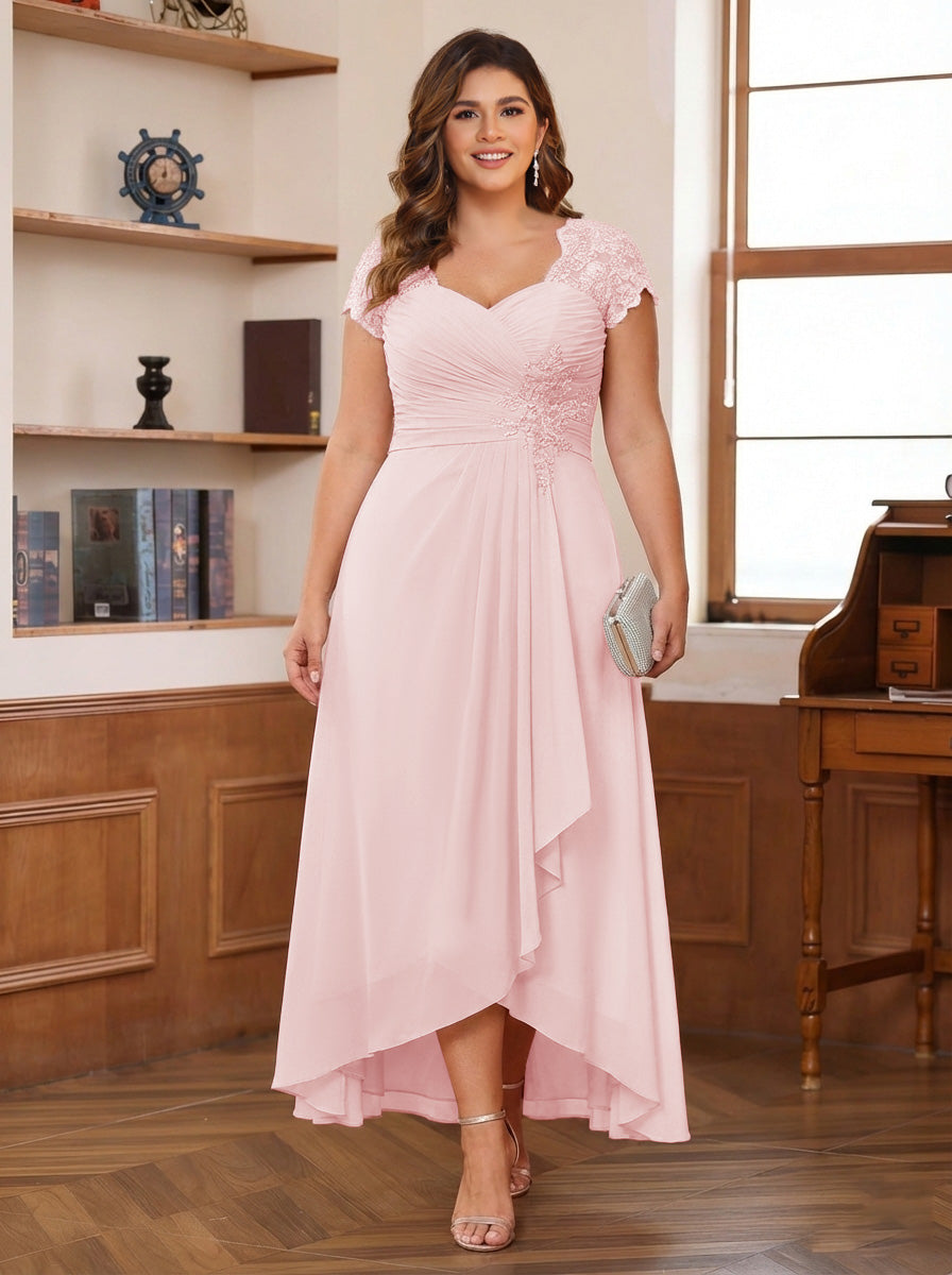 A-Line/Princess Sweetheart Short Sleeves Asymmetrical Plus Size Mother of the Bride Dresses with Appliques &amp; Ruffles