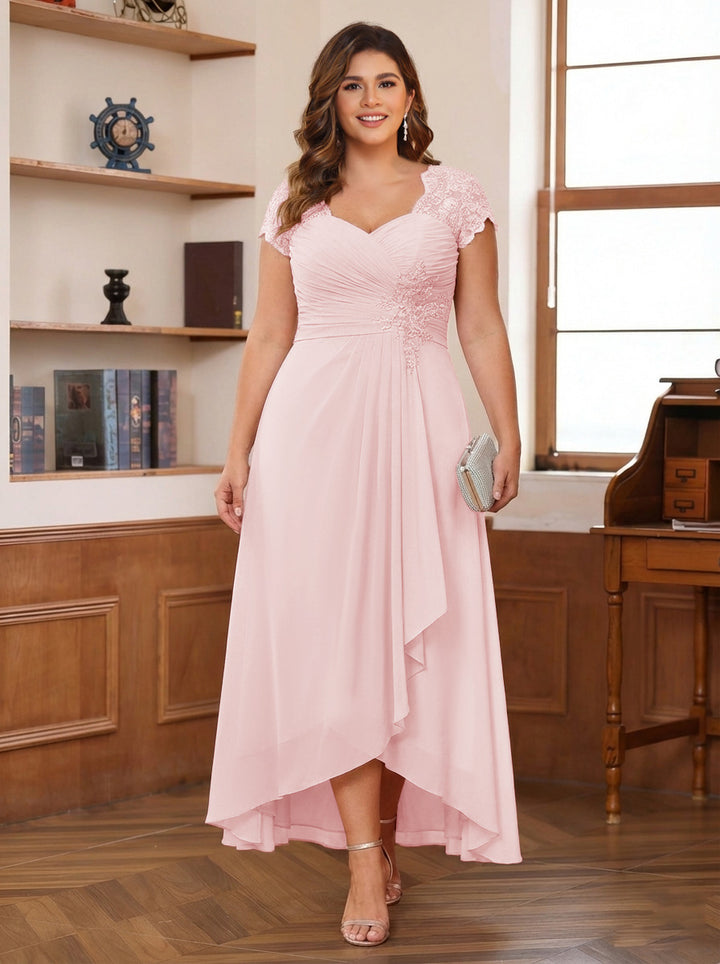 A-Line/Princess Sweetheart Short Sleeves Asymmetrical Plus Size Mother of the Bride Dresses with Appliques &amp; Ruffles