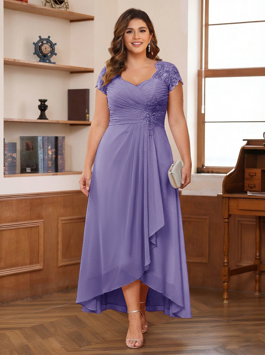A-Line/Princess Sweetheart Short Sleeves Asymmetrical Plus Size Mother of the Bride Dresses with Appliques &amp; Ruffles