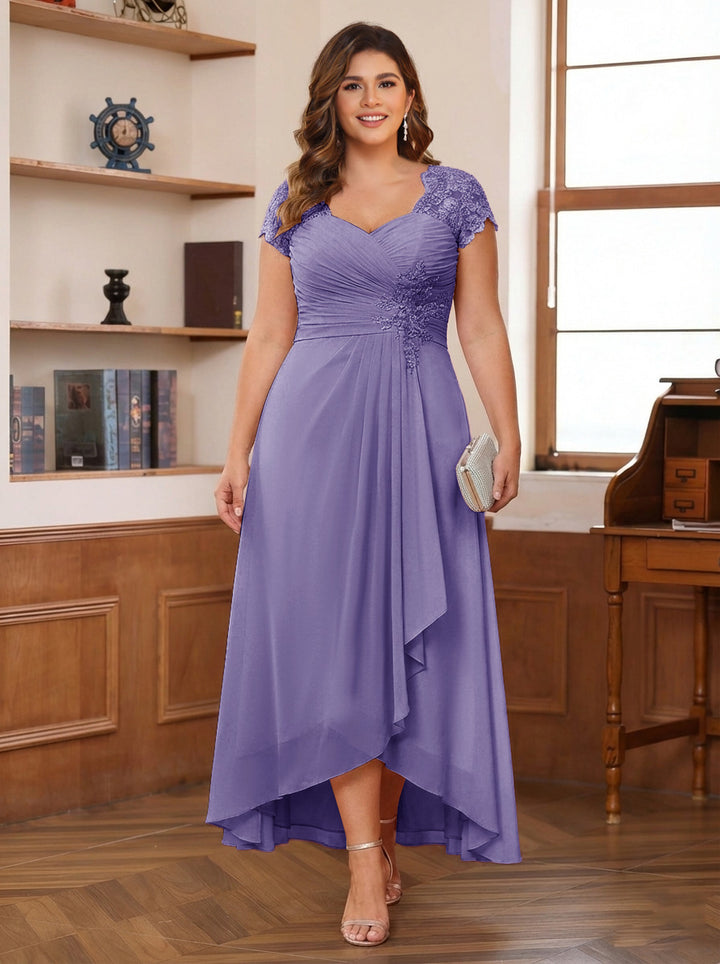 A-Line/Princess Sweetheart Short Sleeves Asymmetrical Plus Size Mother of the Bride Dresses with Appliques &amp; Ruffles