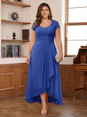 A-Line/Princess Sweetheart Short Sleeves Asymmetrical Plus Size Mother of the Bride Dresses with Appliques & Ruffles