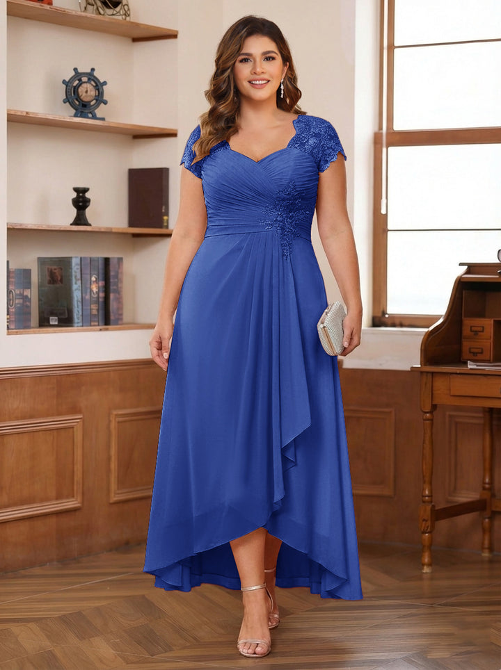 A-Line/Princess Sweetheart Short Sleeves Asymmetrical Plus Size Mother of the Bride Dresses with Appliques &amp; Ruffles