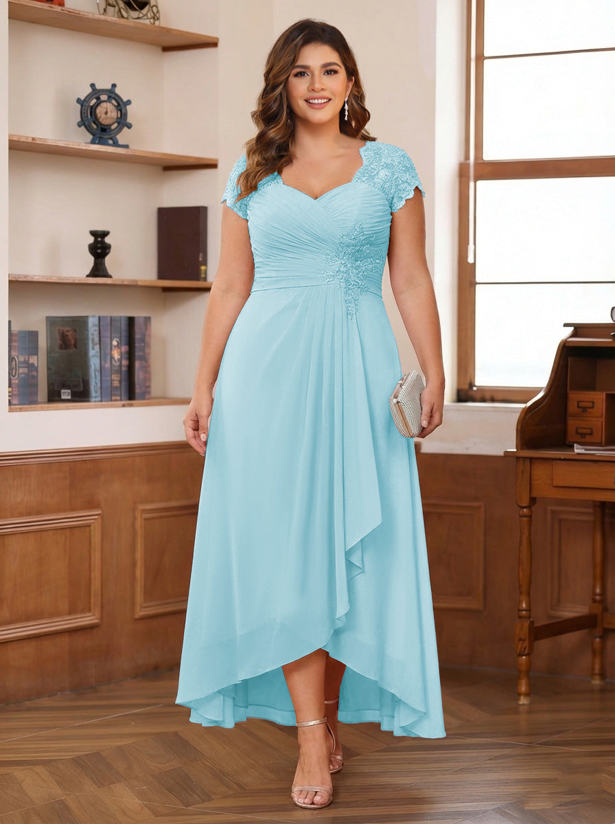 A-Line/Princess Sweetheart Short Sleeves Asymmetrical Plus Size Mother of the Bride Dresses with Appliques &amp; Ruffles