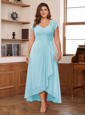 A-Line/Princess Sweetheart Short Sleeves Asymmetrical Plus Size Mother of the Bride Dresses with Appliques & Ruffles