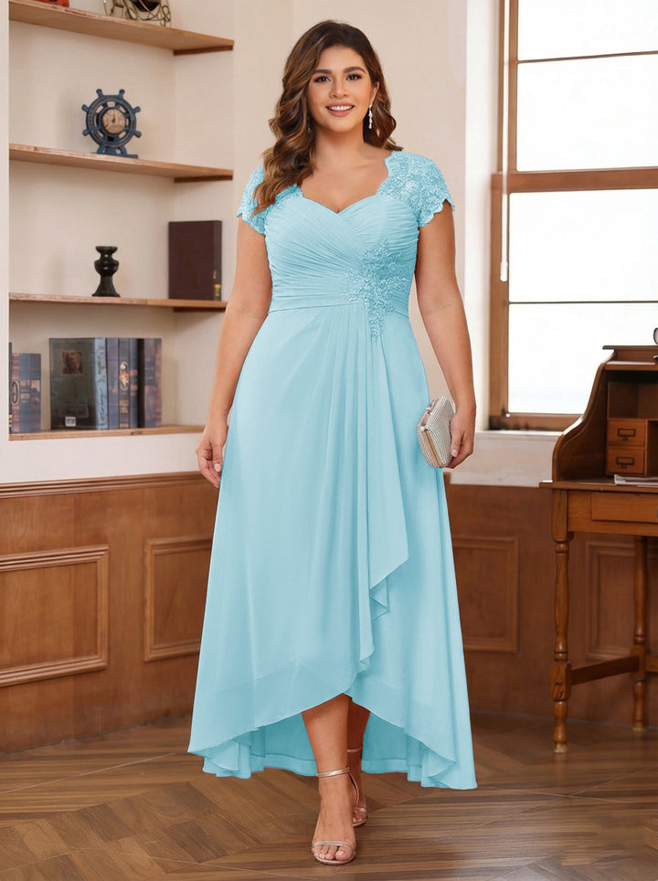 A-Line/Princess Sweetheart Short Sleeves Asymmetrical Plus Size Mother of the Bride Dresses with Appliques &amp; Ruffles