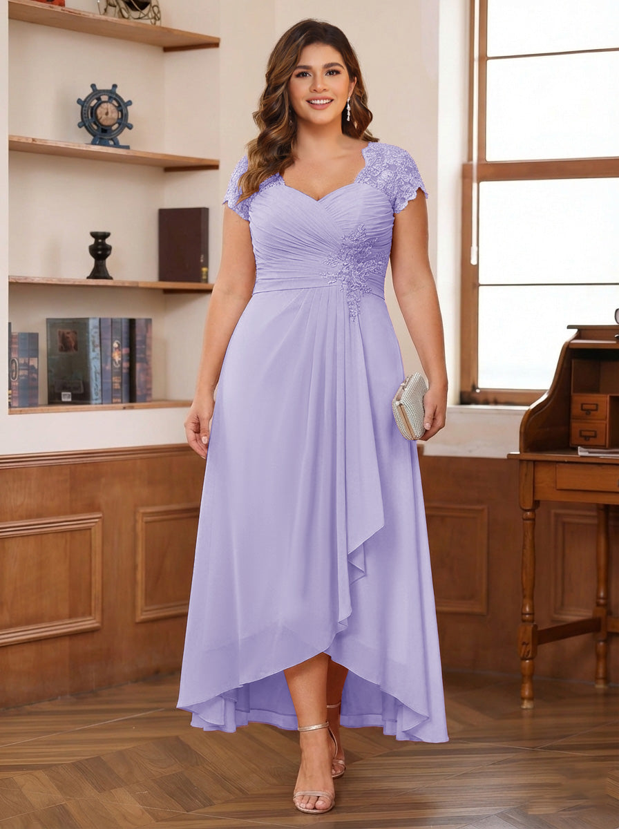 A-Line/Princess Sweetheart Short Sleeves Asymmetrical Plus Size Mother of the Bride Dresses with Appliques &amp; Ruffles
