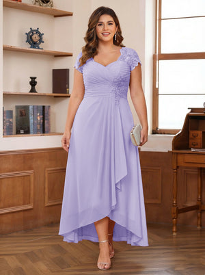 A-Line/Princess Sweetheart Short Sleeves Asymmetrical Plus Size Mother of the Bride Dresses with Appliques & Ruffles