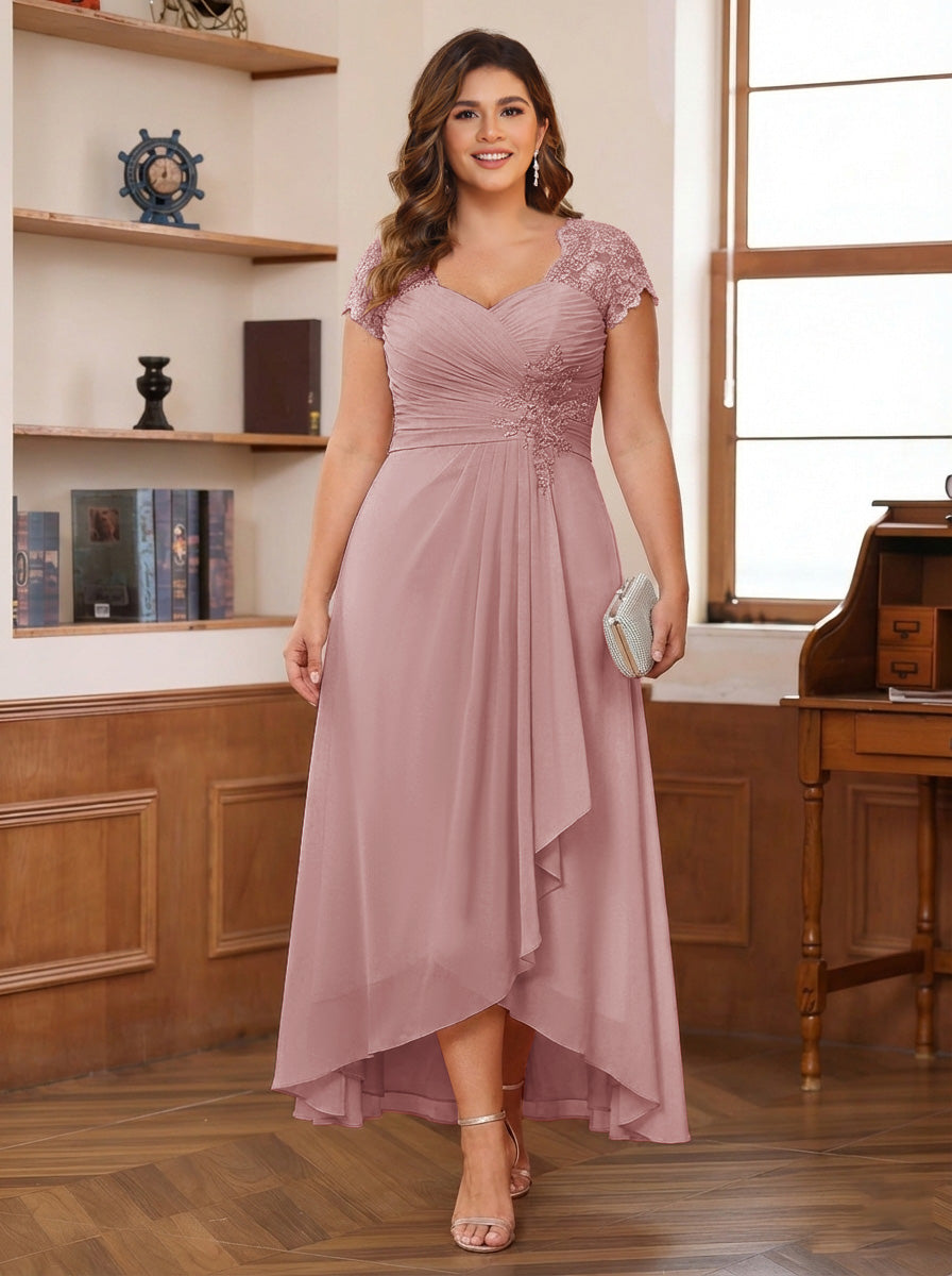A-Line/Princess Sweetheart Short Sleeves Asymmetrical Plus Size Mother of the Bride Dresses with Appliques &amp; Ruffles