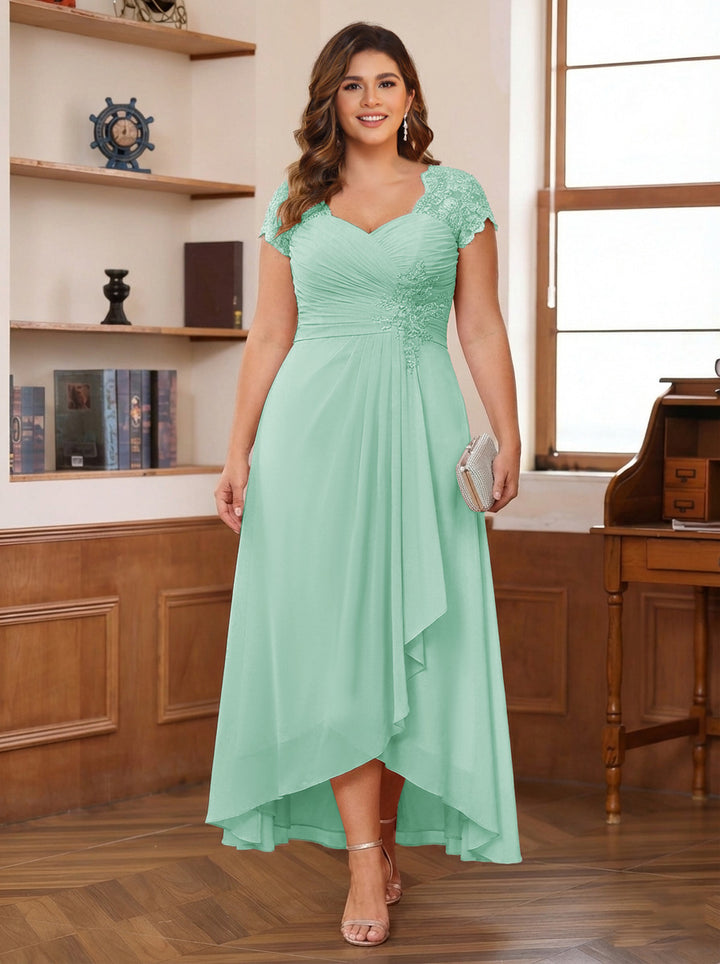 A-Line/Princess Sweetheart Short Sleeves Asymmetrical Plus Size Mother of the Bride Dresses with Appliques &amp; Ruffles