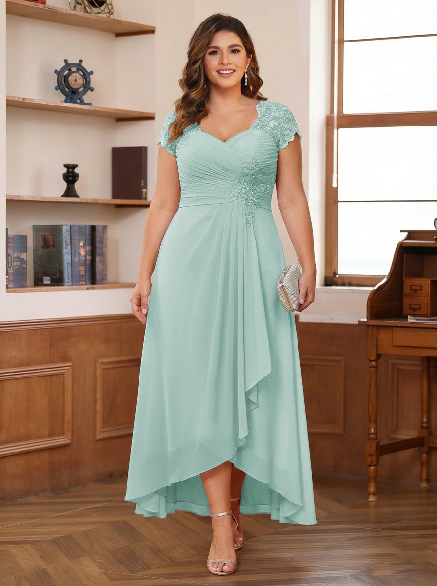 A-Line/Princess Sweetheart Short Sleeves Asymmetrical Plus Size Mother of the Bride Dresses with Appliques &amp; Ruffles