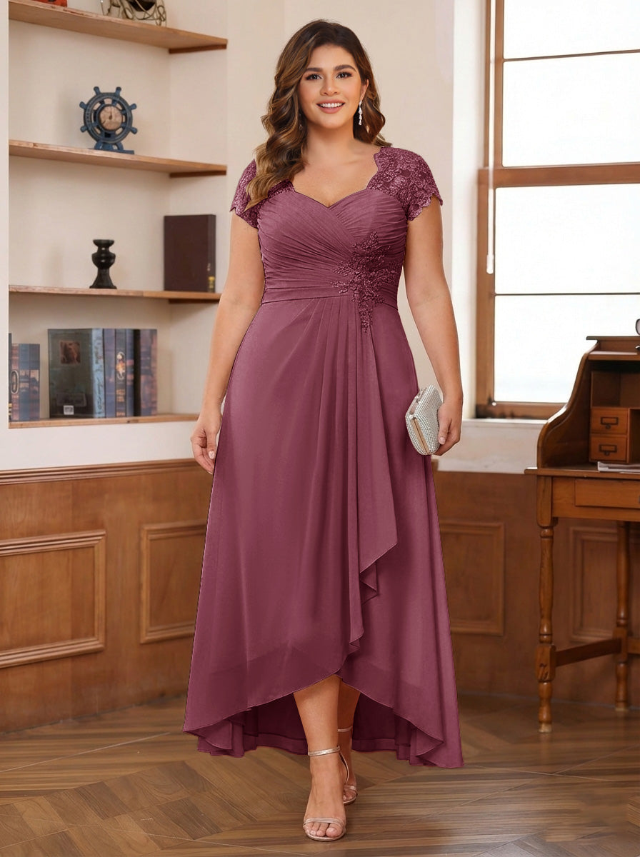 A-Line/Princess Sweetheart Short Sleeves Asymmetrical Plus Size Mother of the Bride Dresses with Appliques &amp; Ruffles