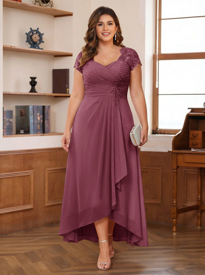 A-Line/Princess Sweetheart Short Sleeves Asymmetrical Plus Size Mother of the Bride Dresses with Appliques &amp; Ruffles
