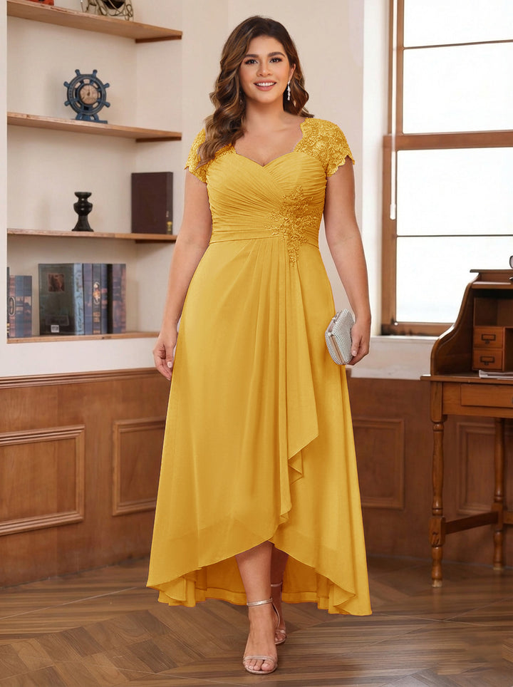 A-Line/Princess Sweetheart Short Sleeves Asymmetrical Plus Size Mother of the Bride Dresses with Appliques &amp; Ruffles