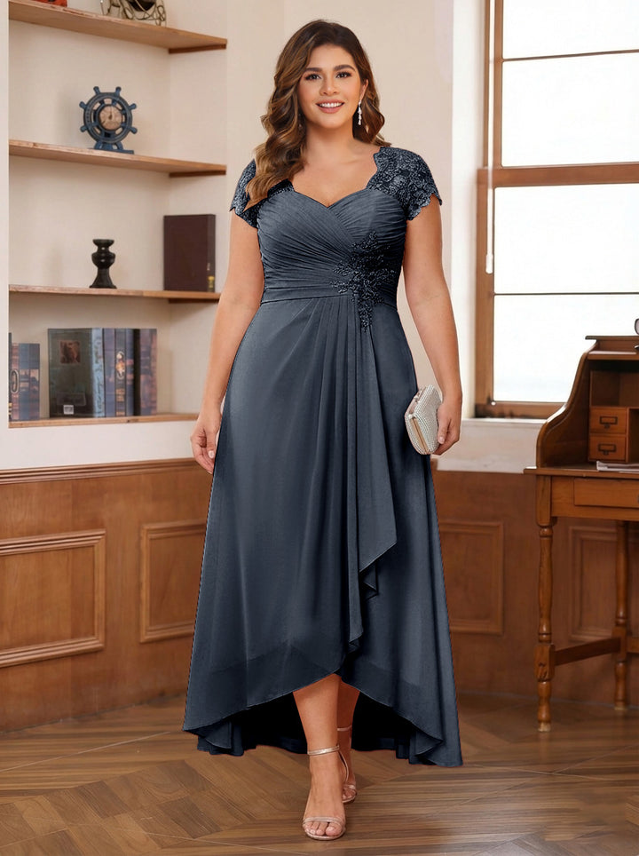 A-Line/Princess Sweetheart Short Sleeves Asymmetrical Plus Size Mother of the Bride Dresses with Appliques &amp; Ruffles
