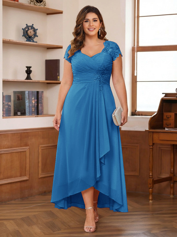 A-Line/Princess Sweetheart Short Sleeves Asymmetrical Plus Size Mother of the Bride Dresses with Appliques &amp; Ruffles