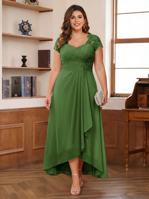 A-Line/Princess Sweetheart Short Sleeves Asymmetrical Plus Size Mother of the Bride Dresses with Appliques & Ruffles