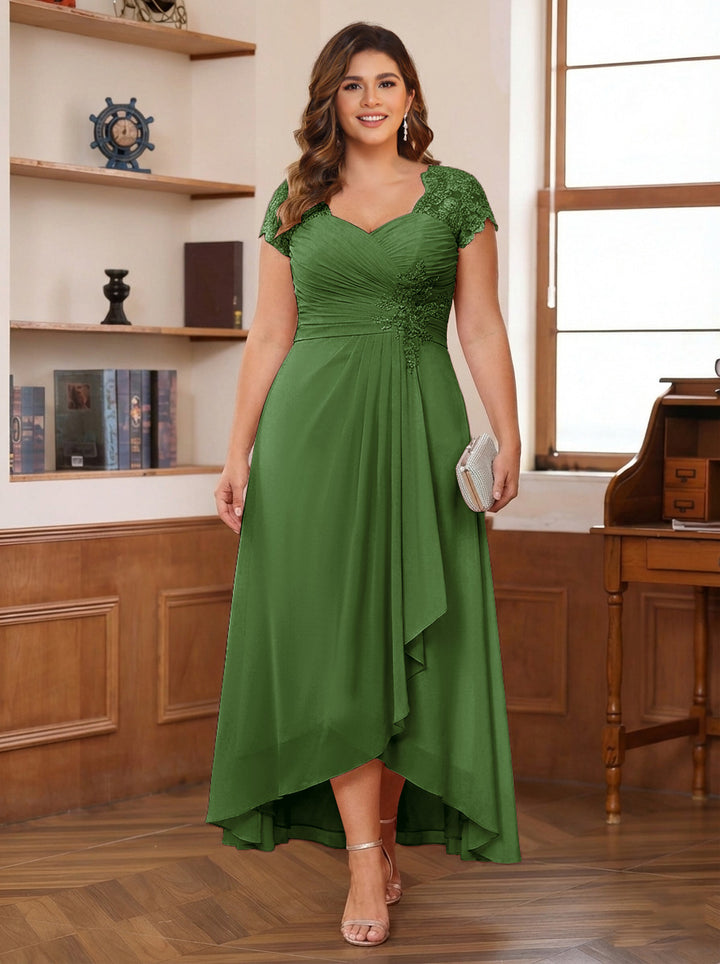A-Line/Princess Sweetheart Short Sleeves Asymmetrical Plus Size Mother of the Bride Dresses with Appliques &amp; Ruffles
