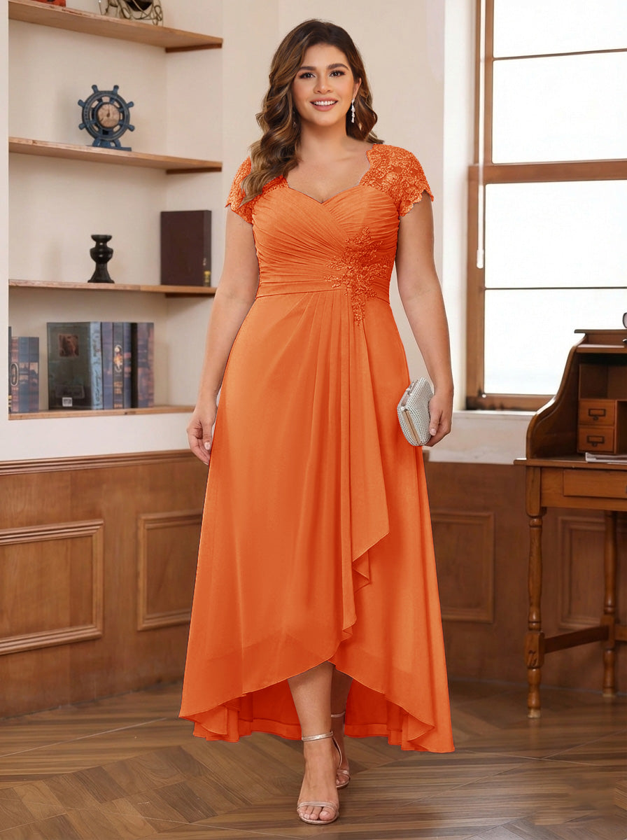 A-Line/Princess Sweetheart Short Sleeves Asymmetrical Plus Size Mother of the Bride Dresses with Appliques &amp; Ruffles