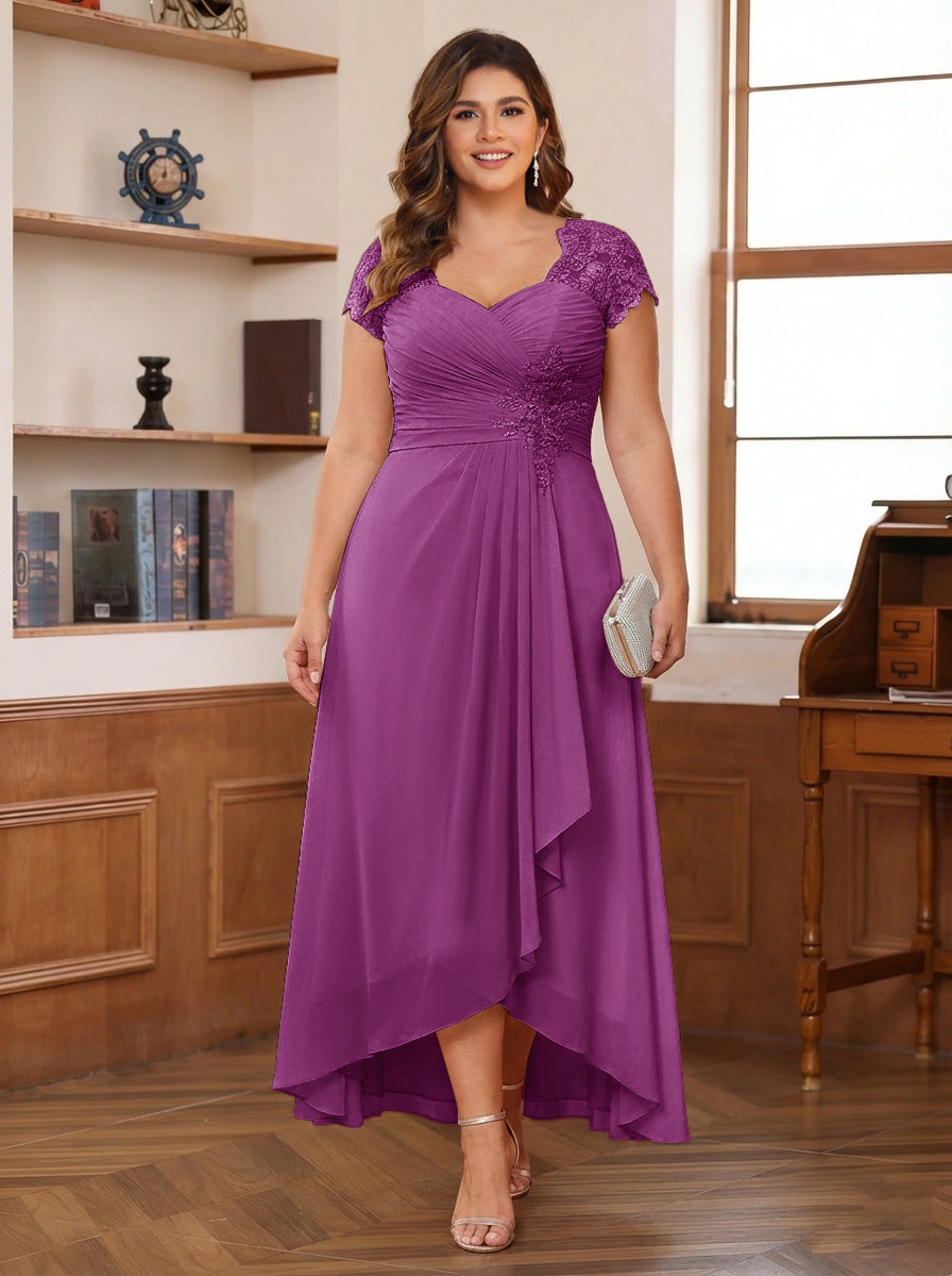 A-Line/Princess Sweetheart Short Sleeves Asymmetrical Plus Size Mother of the Bride Dresses with Appliques &amp; Ruffles
