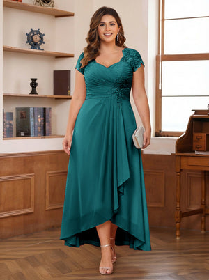 A-Line/Princess Sweetheart Short Sleeves Asymmetrical Plus Size Mother of the Bride Dresses with Appliques & Ruffles