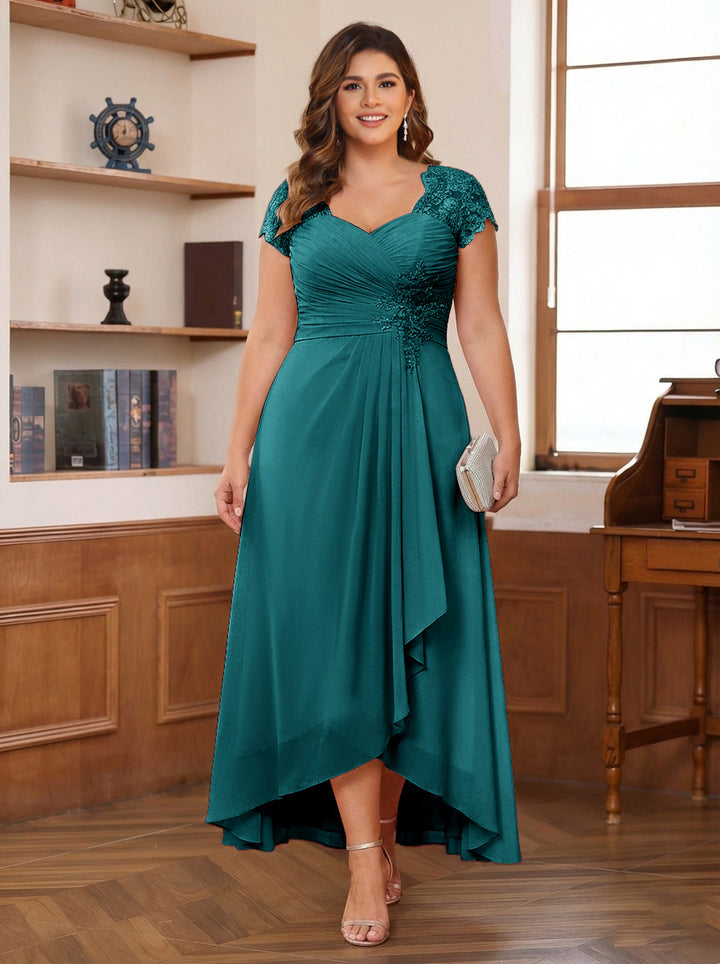 A-Line/Princess Sweetheart Short Sleeves Asymmetrical Plus Size Mother of the Bride Dresses with Appliques &amp; Ruffles