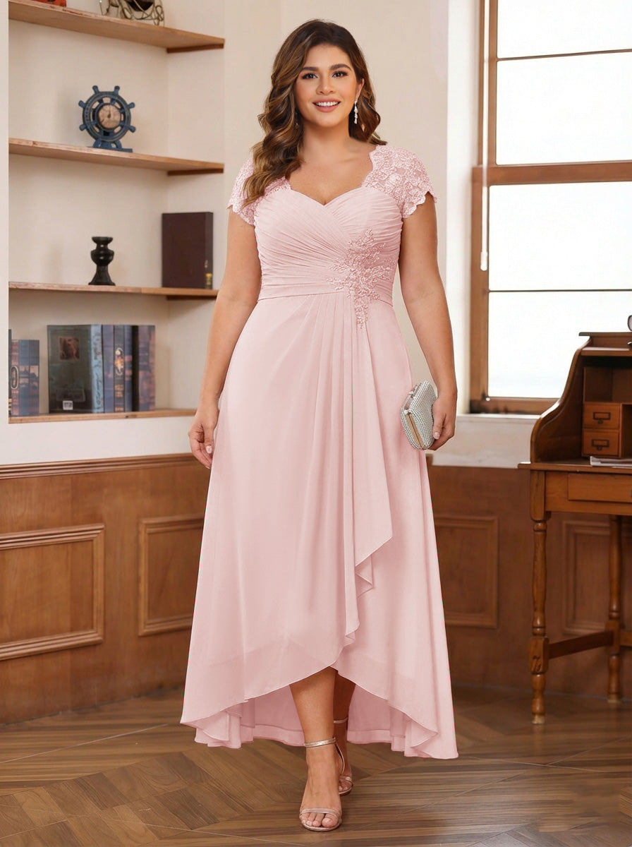A-Line/Princess Sweetheart Short Sleeves Asymmetrical Plus Size Mother of the Bride Dresses with Appliques &amp; Ruffles