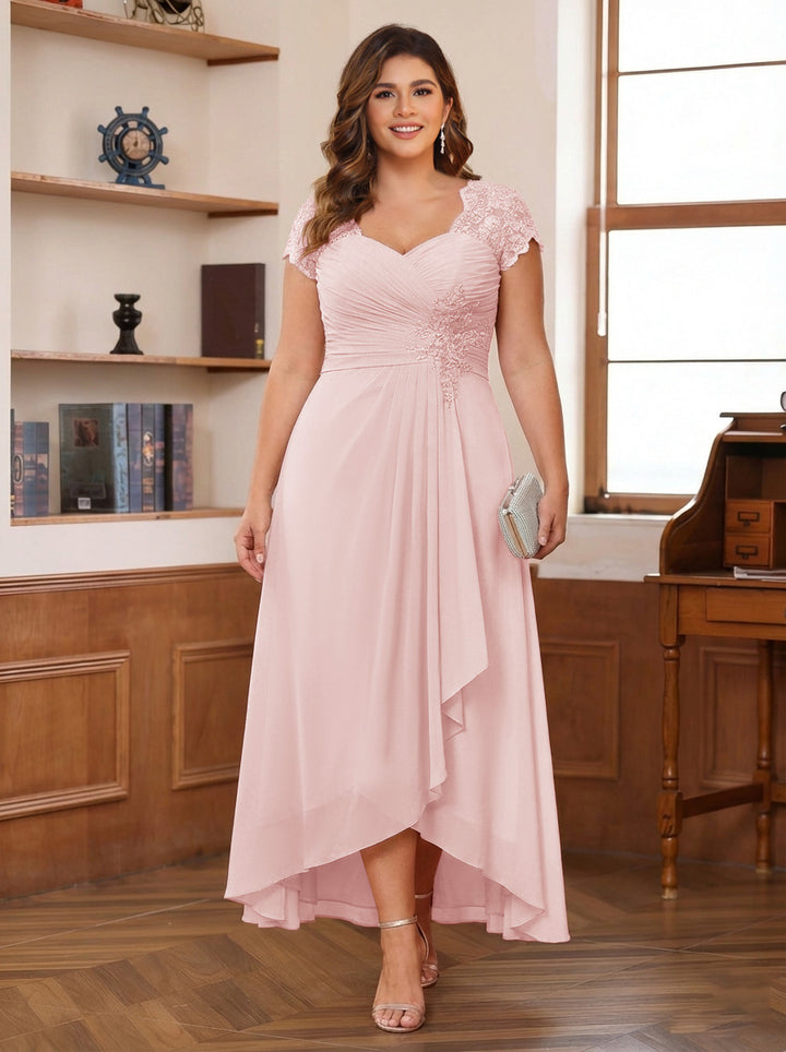 A-Line/Princess Sweetheart Short Sleeves Asymmetrical Plus Size Mother of the Bride Dresses with Appliques &amp; Ruffles