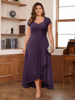 A-Line/Princess Sweetheart Short Sleeves Asymmetrical Plus Size Mother of the Bride Dresses with Appliques & Ruffles
