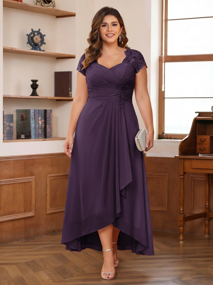 A-Line/Princess Sweetheart Short Sleeves Asymmetrical Plus Size Mother of the Bride Dresses with Appliques &amp; Ruffles