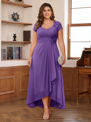 A-Line/Princess Sweetheart Short Sleeves Asymmetrical Plus Size Mother of the Bride Dresses with Appliques & Ruffles