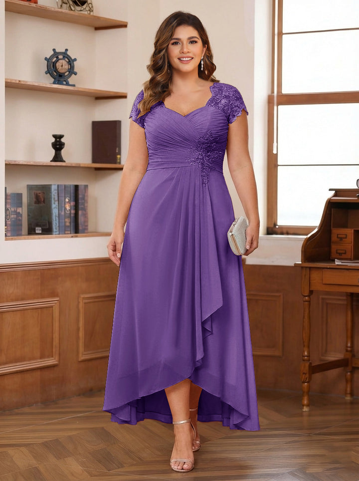 A-Line/Princess Sweetheart Short Sleeves Asymmetrical Plus Size Mother of the Bride Dresses with Appliques &amp; Ruffles