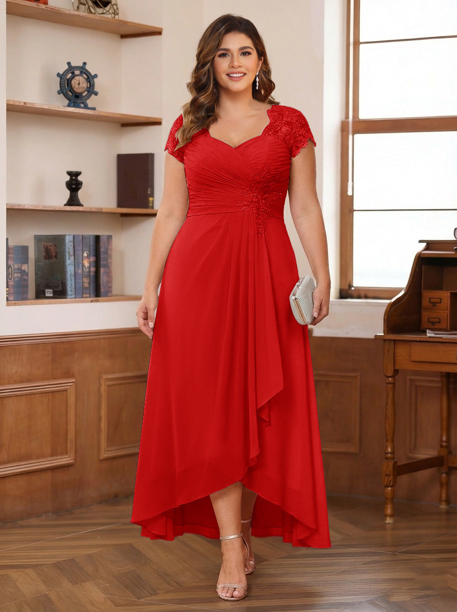 A-Line/Princess Sweetheart Short Sleeves Asymmetrical Plus Size Mother of the Bride Dresses with Appliques &amp; Ruffles