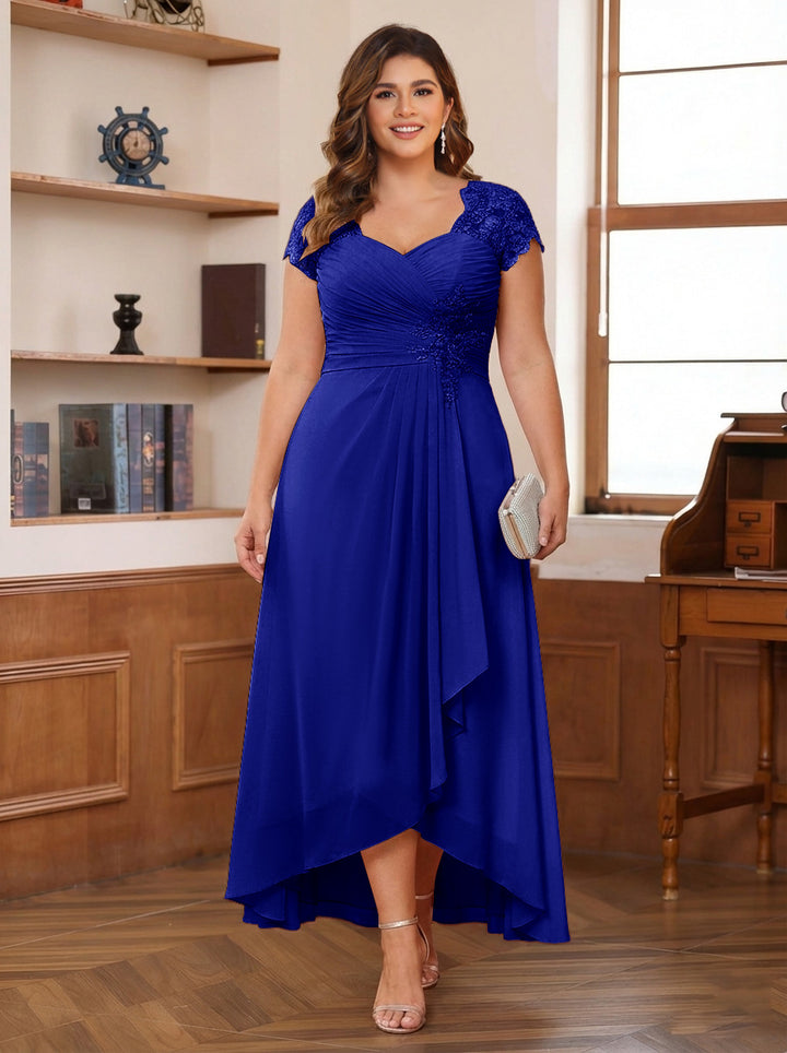 A-Line/Princess Sweetheart Short Sleeves Asymmetrical Plus Size Mother of the Bride Dresses with Appliques &amp; Ruffles