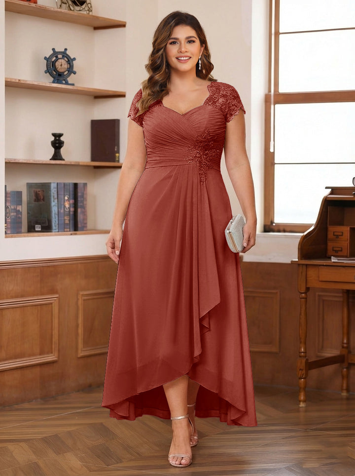 A-Line/Princess Sweetheart Short Sleeves Asymmetrical Plus Size Mother of the Bride Dresses with Appliques &amp; Ruffles