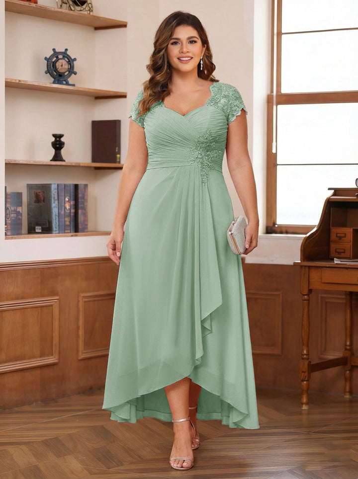 A-Line/Princess Sweetheart Short Sleeves Asymmetrical Plus Size Mother of the Bride Dresses with Appliques &amp; Ruffles