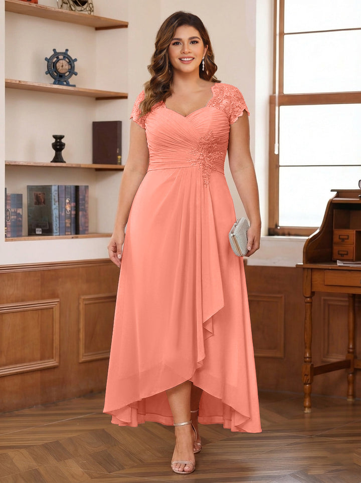 A-Line/Princess Sweetheart Short Sleeves Asymmetrical Plus Size Mother of the Bride Dresses with Appliques &amp; Ruffles