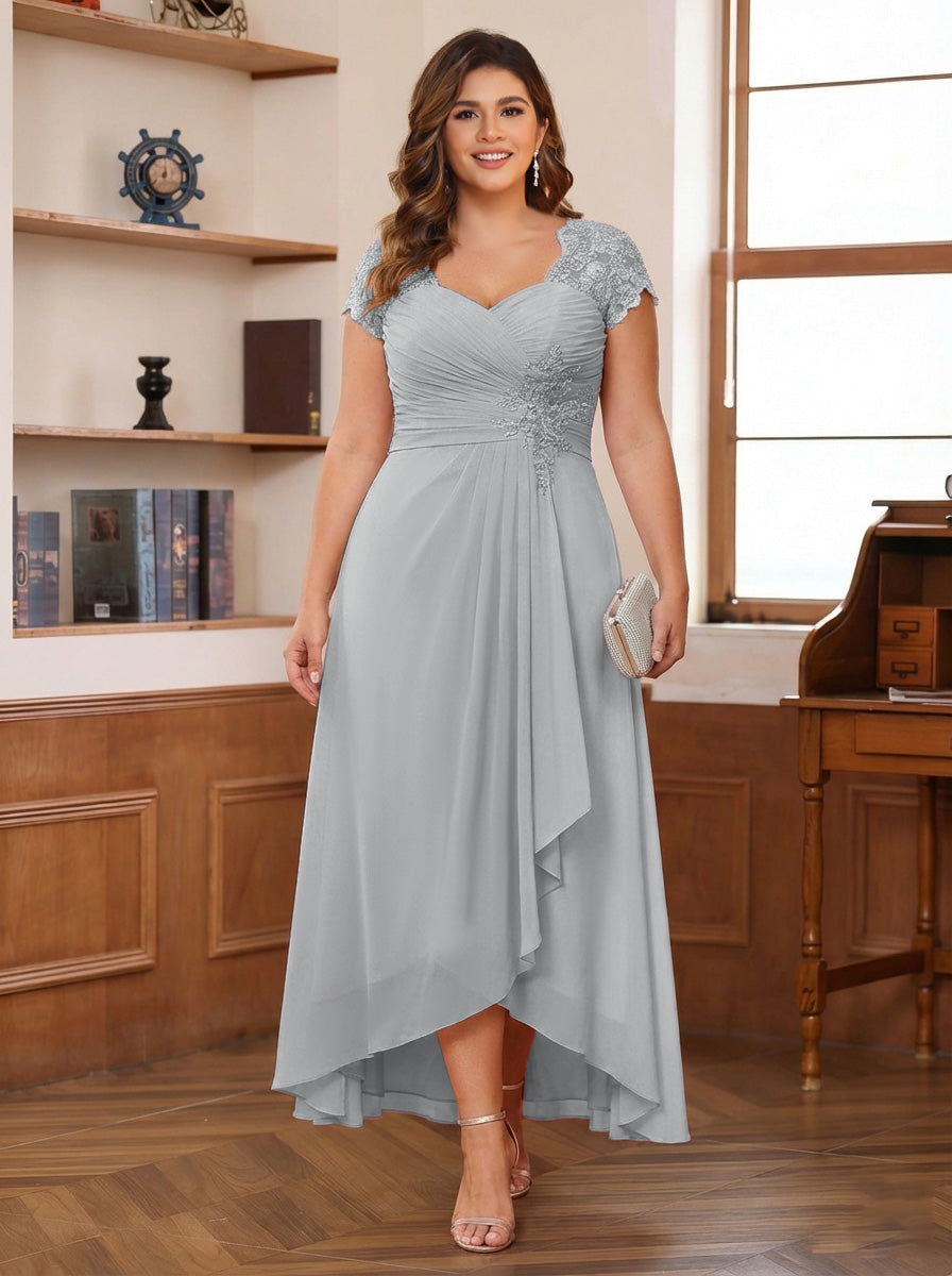 A-Line/Princess Sweetheart Short Sleeves Asymmetrical Plus Size Mother of the Bride Dresses with Appliques &amp; Ruffles