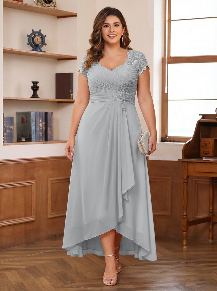 A-Line/Princess Sweetheart Short Sleeves Asymmetrical Plus Size Mother of the Bride Dresses with Appliques &amp; Ruffles