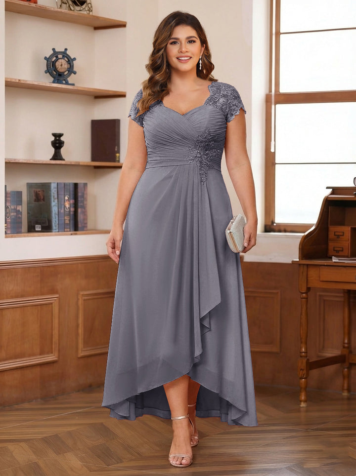 A-Line/Princess Sweetheart Short Sleeves Asymmetrical Plus Size Mother of the Bride Dresses with Appliques &amp; Ruffles