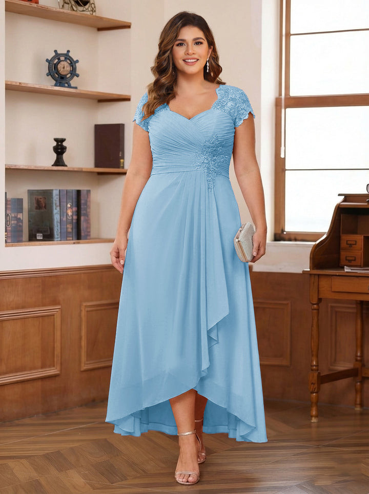 A-Line/Princess Sweetheart Short Sleeves Asymmetrical Plus Size Mother of the Bride Dresses with Appliques &amp; Ruffles