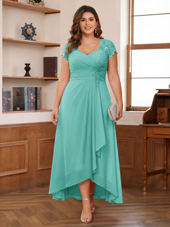 A-Line/Princess Sweetheart Short Sleeves Asymmetrical Plus Size Mother of the Bride Dresses with Appliques &amp; Ruffles