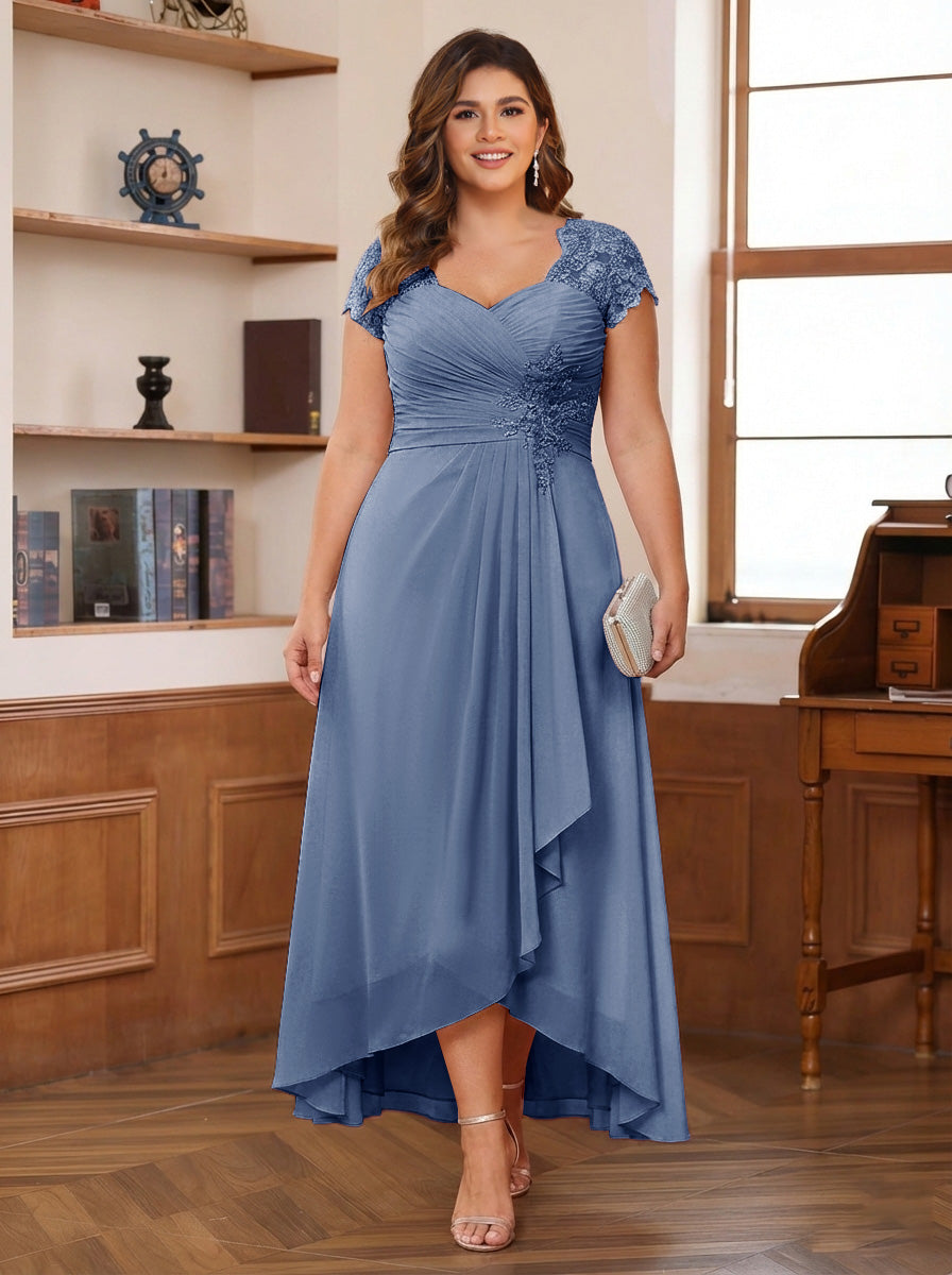 A-Line/Princess Sweetheart Short Sleeves Asymmetrical Plus Size Mother of the Bride Dresses with Appliques &amp; Ruffles