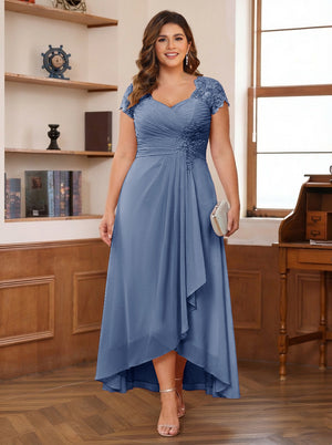 A-Line/Princess Sweetheart Short Sleeves Asymmetrical Plus Size Mother of the Bride Dresses with Appliques & Ruffles