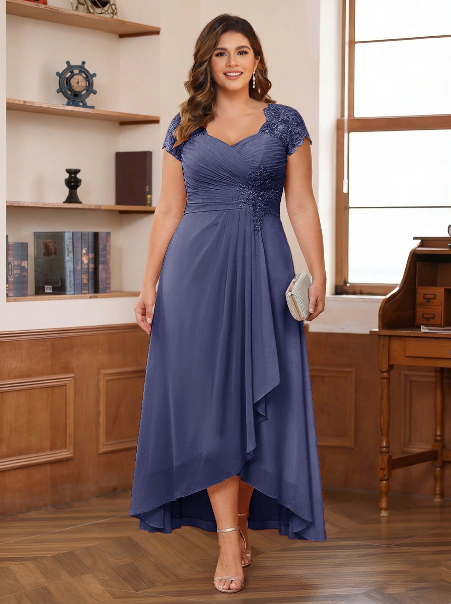A-Line/Princess Sweetheart Short Sleeves Asymmetrical Plus Size Mother of the Bride Dresses with Appliques &amp; Ruffles