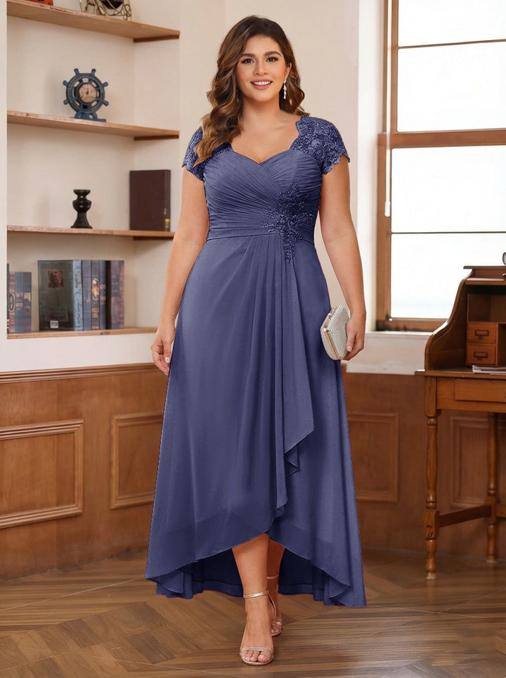 A-Line/Princess Sweetheart Short Sleeves Asymmetrical Plus Size Mother of the Bride Dresses with Appliques &amp; Ruffles