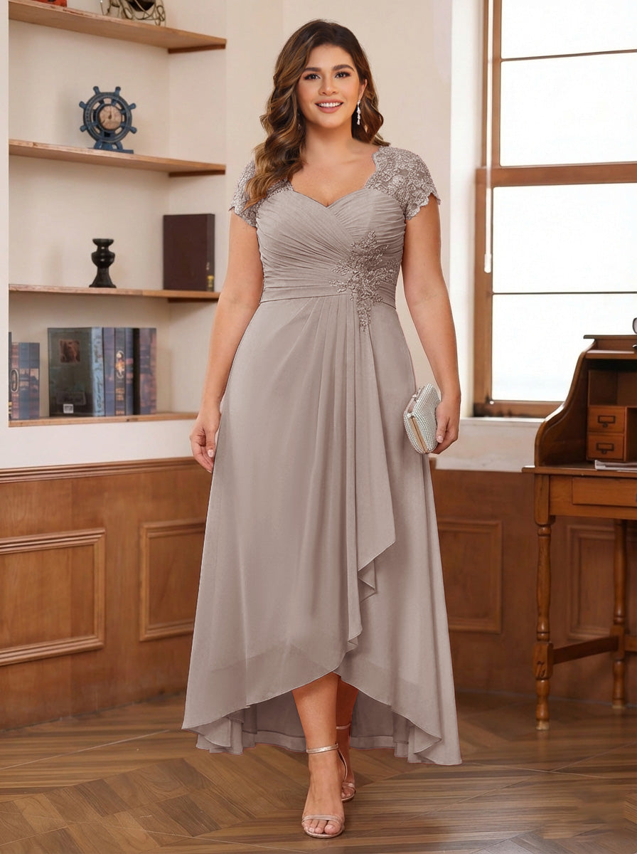 A-Line/Princess Sweetheart Short Sleeves Asymmetrical Plus Size Mother of the Bride Dresses with Appliques &amp; Ruffles