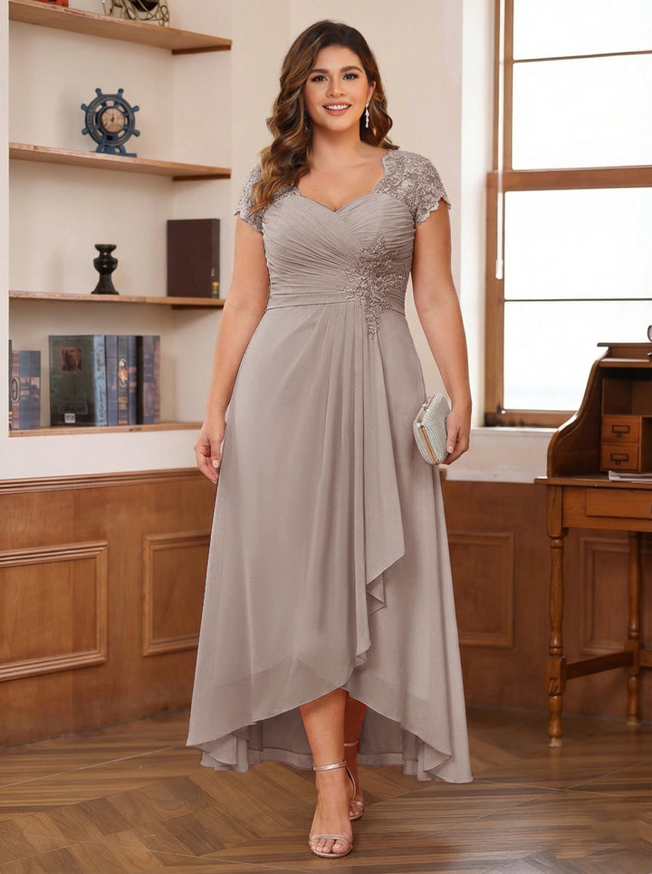 A-Line/Princess Sweetheart Short Sleeves Asymmetrical Plus Size Mother of the Bride Dresses with Appliques &amp; Ruffles